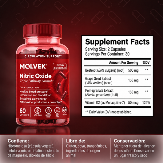 Molvek Óxido Nítrico Triple Vía, Reactiva tu Circulación Natural